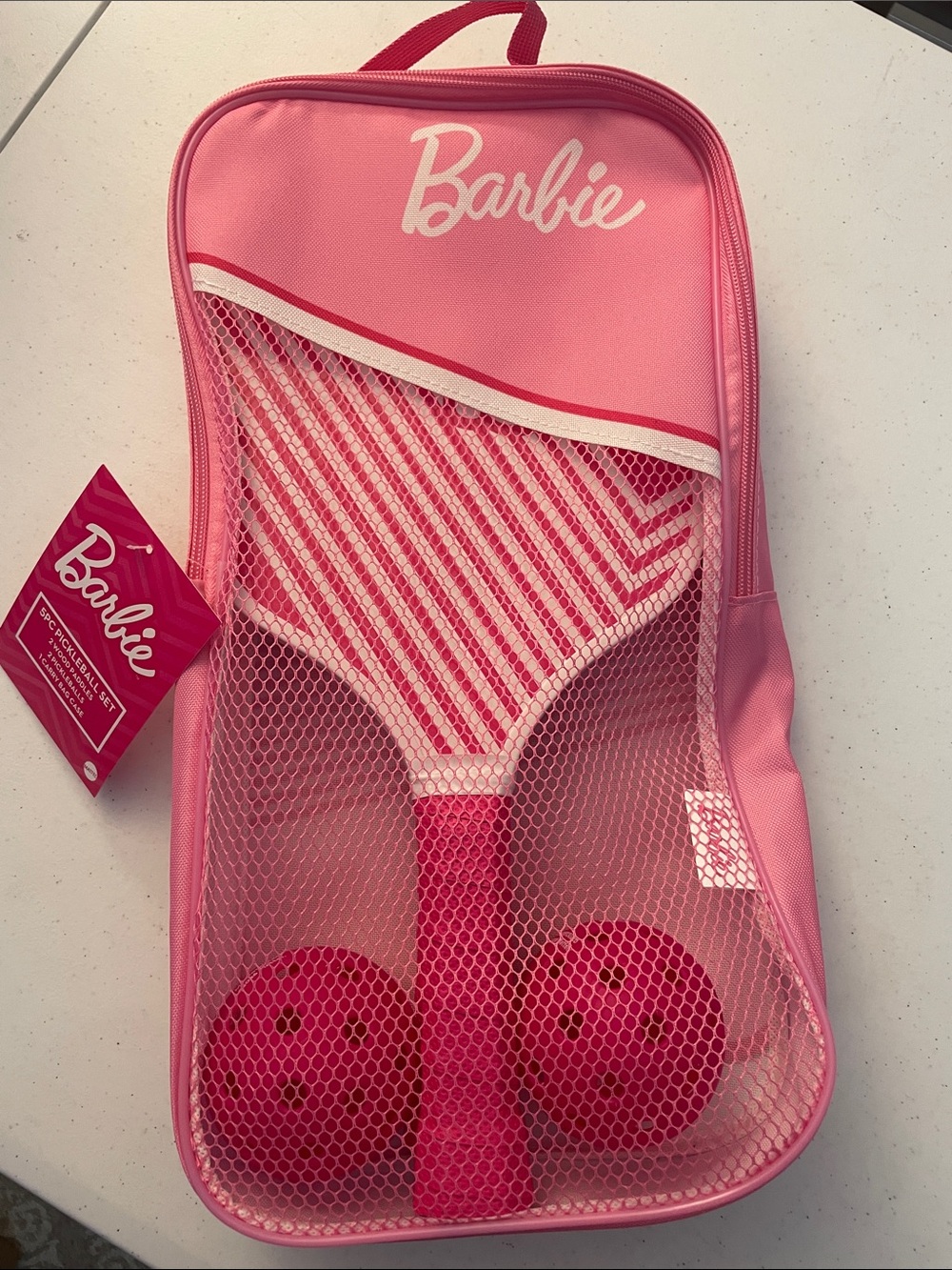 Barbie Pink Striped PickleBall Set with Mesh Carry Bag